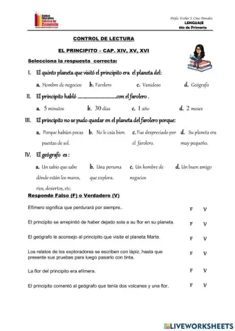 Control de lectura: El Principito (cap. XIV, XV Y XVI)