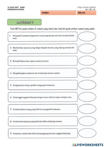 LATIHAN 1: Unit 13 - PATUHI ETIKET KELUARGA HARMONI