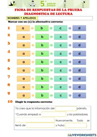 Ficha de respuestas de la prueba diagnostica de lectura