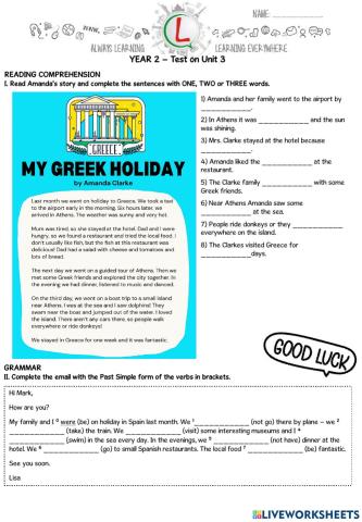 Year 2 - Test on Unit 3