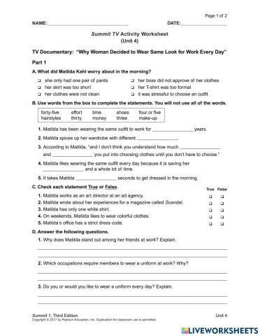 Worksheets Unit 4 Summit 1