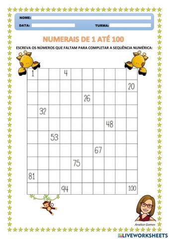 Numerais de 1 até 100