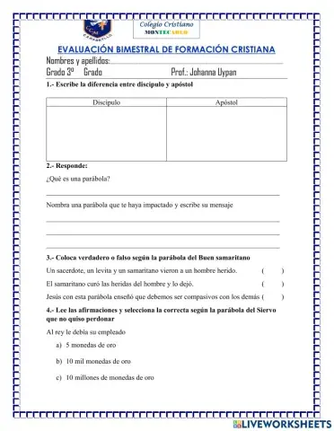 Evaluacion bimestral formacion cristiana