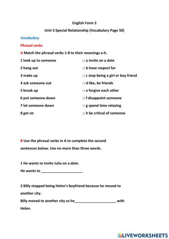 Unit 3 Special Relationship (Vocabulary Page 50)