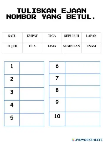 Ejaan nombor 1-10