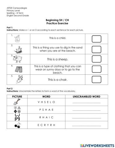 Words with sh and ch practice exercise