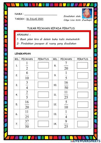 Tukar pecahan kepada peratus