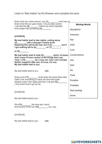 A1 song worksheet bad habits ed sheeran