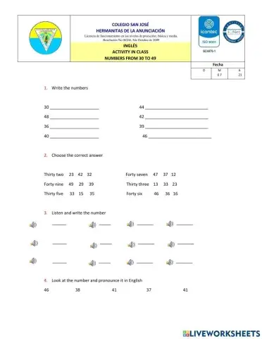 Numbers from 30 to 49