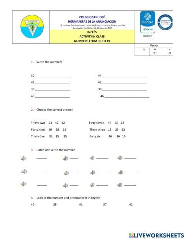 Numbers from 30 to 49