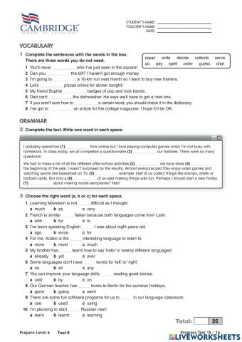 Prepare Level 6 Progress Test 8 Unit 15-16