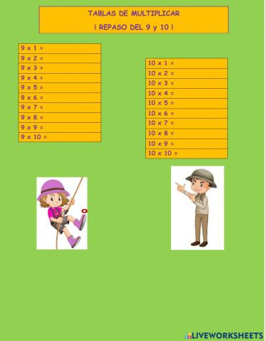 Tablas de Multiplicar del 9 y 10