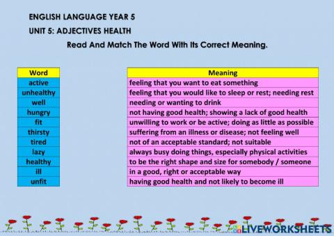 English Language Year 5 Adjectives: Health