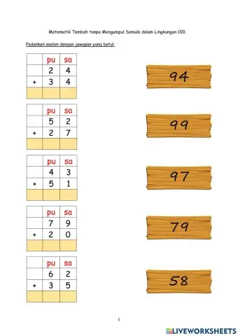 Matematik Tambah dalam Lingkungan 100 Pemulihan