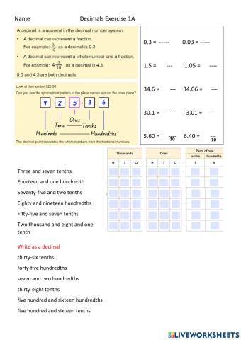 Decimals Exercise 1A