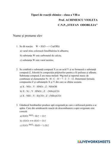 Test Tipuri de reacții chimice