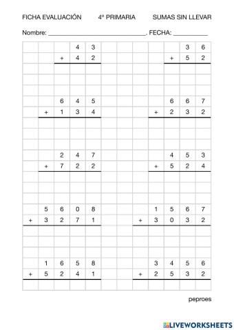 Ficha evaluación sumas sin llevar 4º primaria