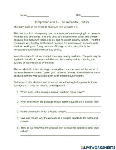 Comprehension 4- The Avocado (Part 2)