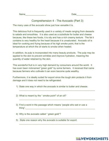 Comprehension 4- The Avocado (Part 3)