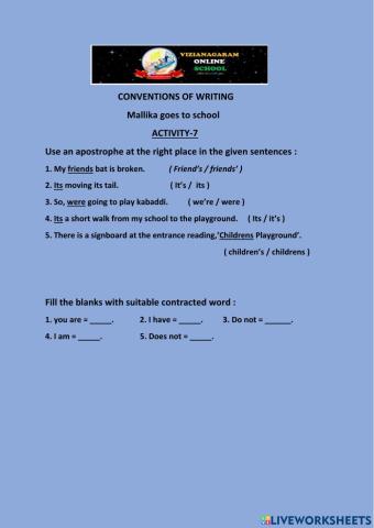 Worksheet on Mallika Goes to School (Part-2) By A.Mani