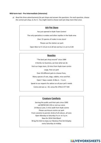 Mid-term test Pre-Intermediate