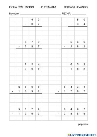 Ficha evaluación restas llevando 4º primaria