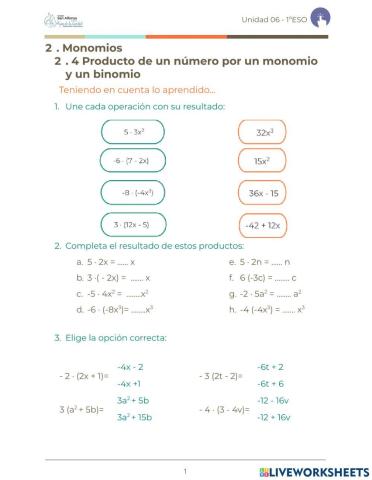 Producto número por monomio y binomio