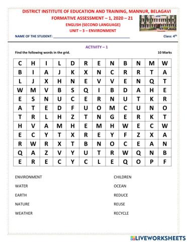 4th U3 Environment A1 Word search