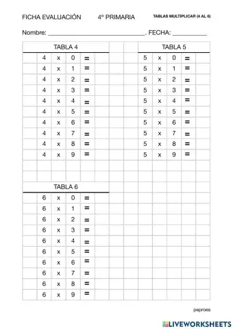 Ficha evaluación tablas multiplicar (4 al 6)