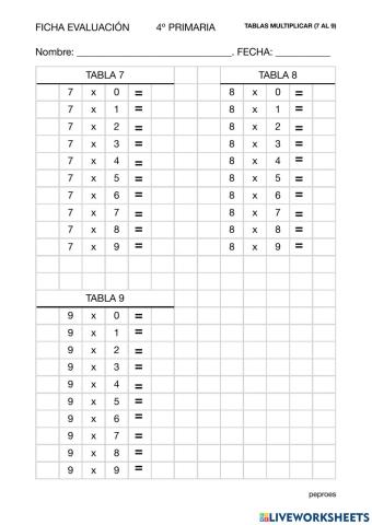 Ficha evaluación tablas multiplicar (7 al 9)