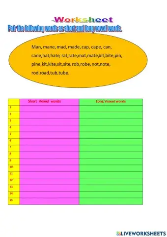 Short and Long Vowel words