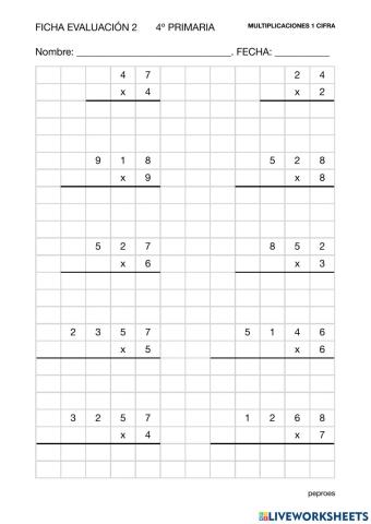 Ficha evaluación 2 multiplicaciones de 1 cifra