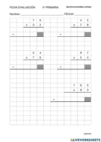 Ficha evaluación multiplicaciones de 2 cifras