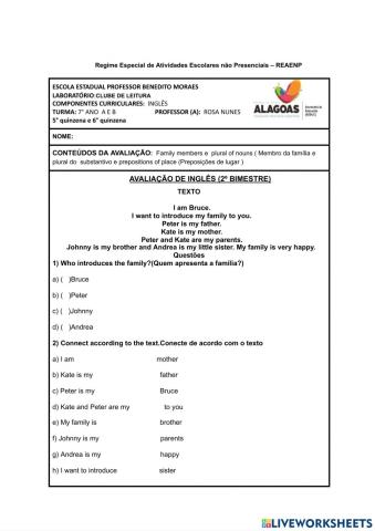 Avaliação 2° bimestre de Inglês 7° ano - Benedito Moraes