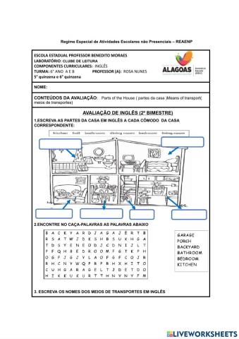 Avaliação 2° bimestre de inglês -6° ano- Benedito Moraes