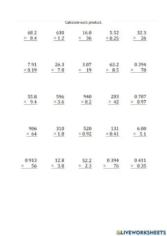 Quiz of Multiplying Decimals