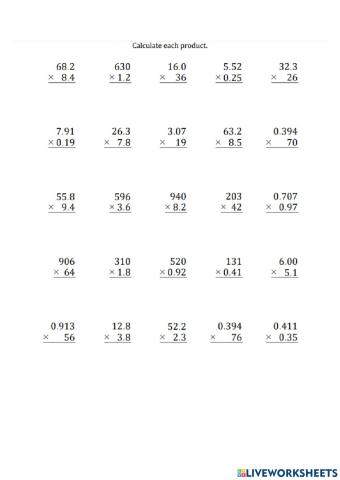 Quiz of Multiplying Decimals