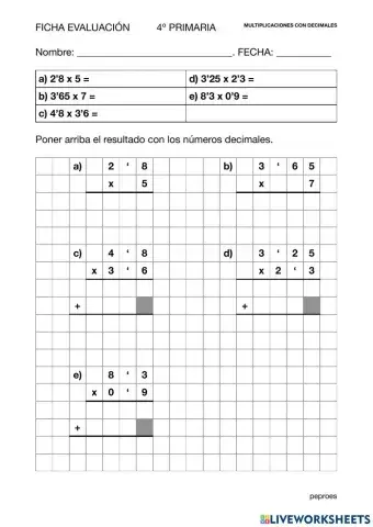Ficha evaluación multiplicaciones con decimales  4º primaria