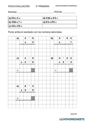 Ficha evaluación multiplicaciones con decimales  4º primaria