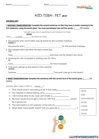 PET: GRAMMAR AND VOCABULARY MID TERM