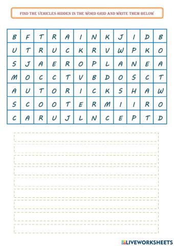 Find the vehicles hidden in the word grid and write them below