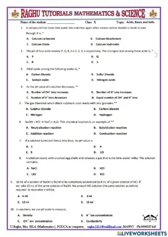 Acids, Bases and Salts (WORK SHEET)