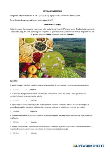 Agropecuária e comercio internacional - Produção agropecuária no mundo, págs. 64 a 73