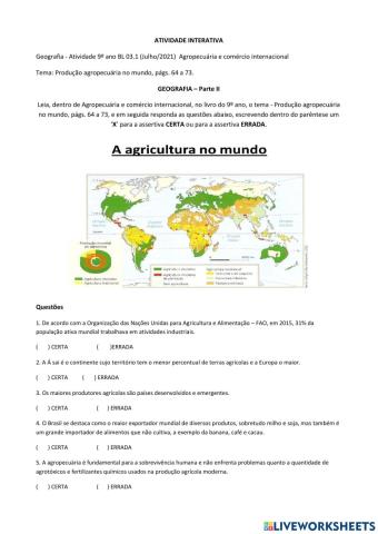 Agropecuária e comercio internacional - Produção agropecuária no mundo, págs. 64 a 73