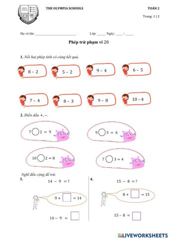 Ôn  tập  phép  trừ phạm  vi  20