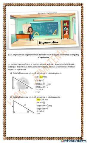 TRIG 2.C.1.a Aplicaciones trigonométricas: Solución de un triángulo conociendo un ángulo y la hipotenusa