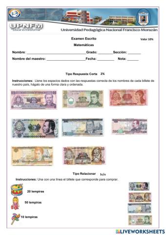 Examen de matemáticas de billetes de Honduras