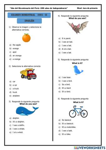 Examen bimestral de ingles 3p