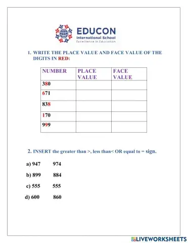 Maths WS 3 Grade 2 3 Digit numbers