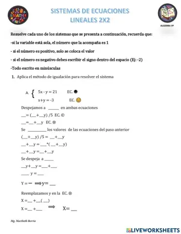 Sistemas de Ecuaciones 2x2. Método igualación y regla de Crammer